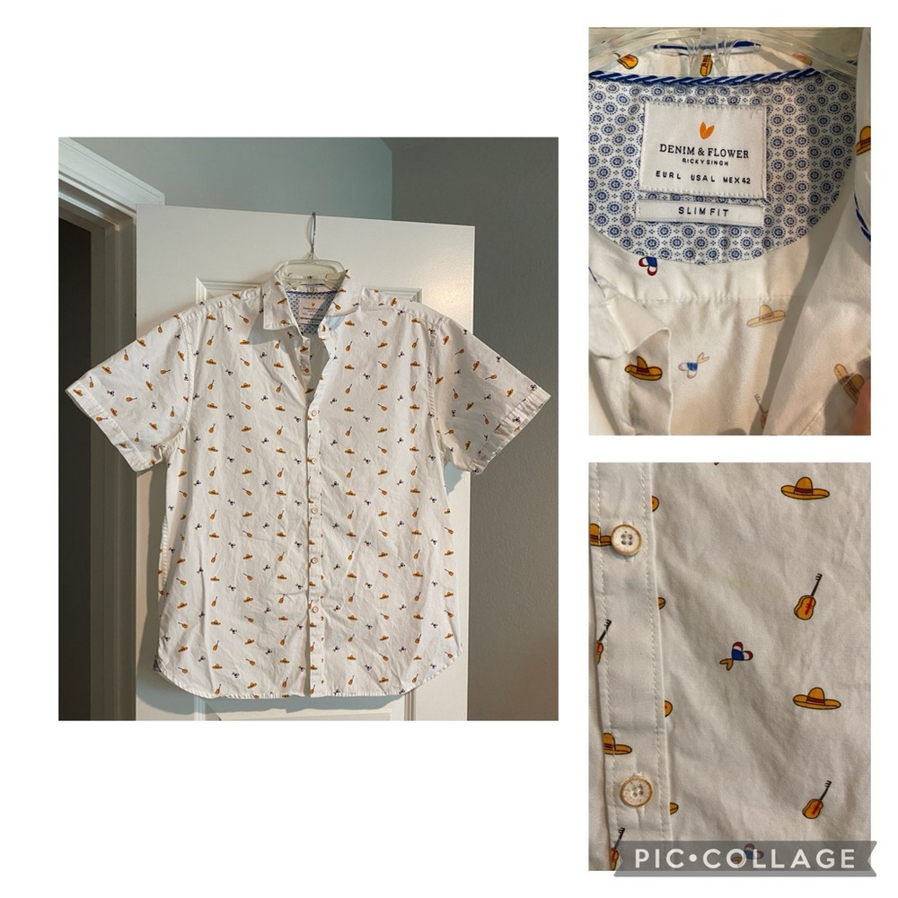 Denim and flower button down short sombrero and maracas size L